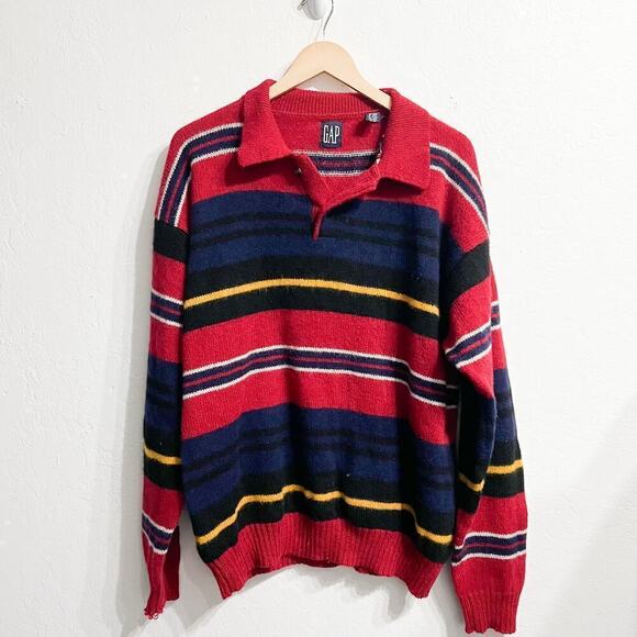Vintage Gap Sweater Wool Collar Knit Button Stripes XL Red Navy Blue Preppy 90's - Picture 1 of 8